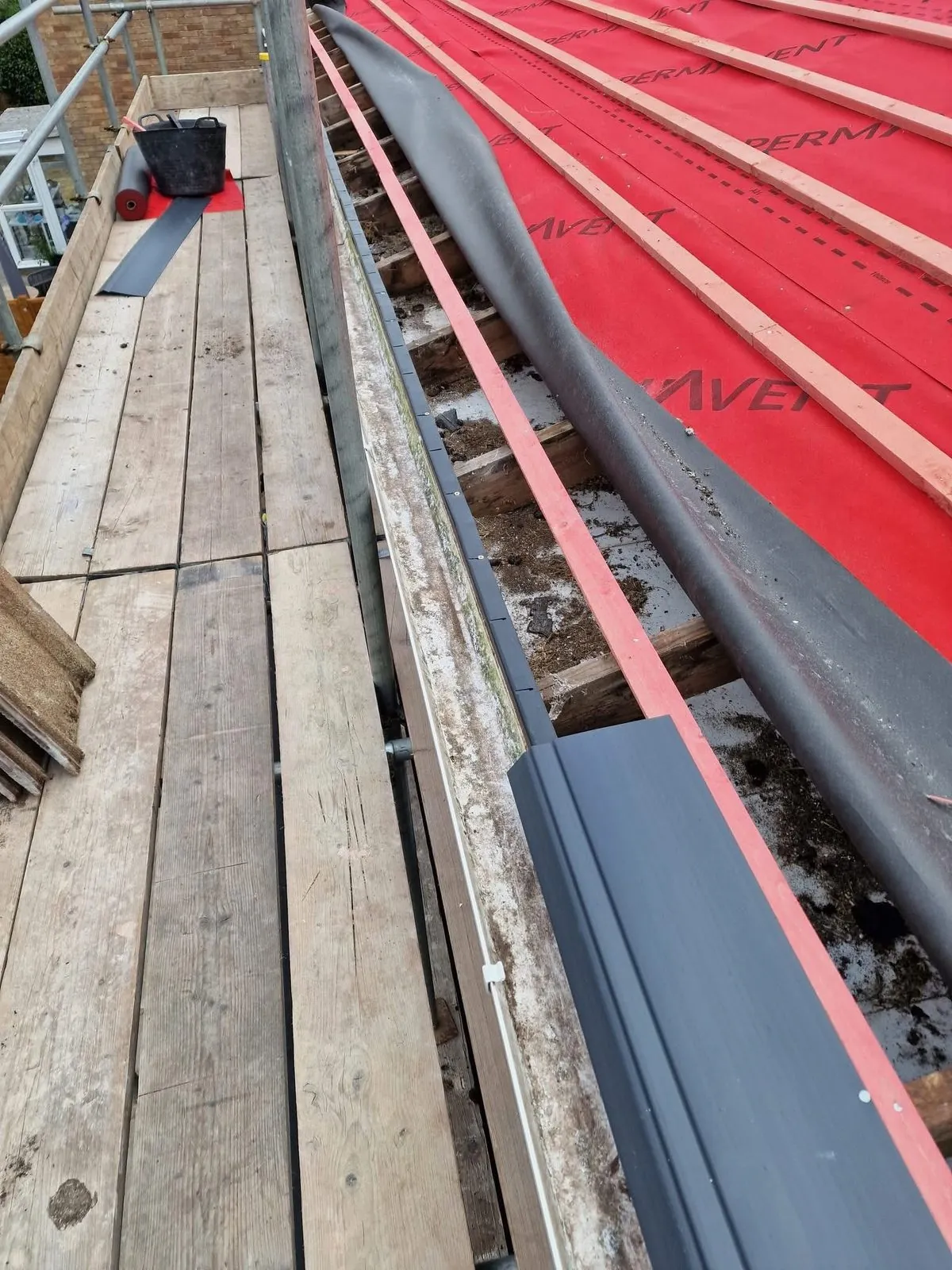 Breathable membrane and battens fitted during a re-roof in Port Isaac