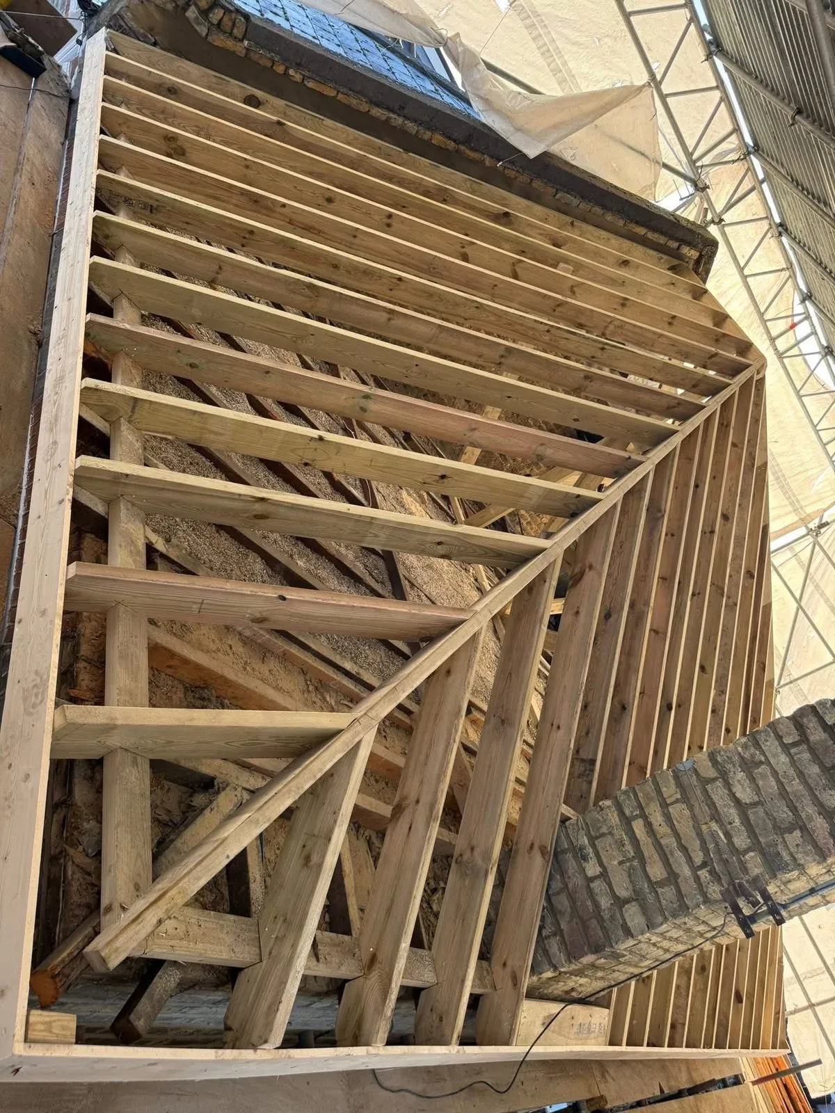 New roof timbers and rafters during a re-roof in Port Isaac